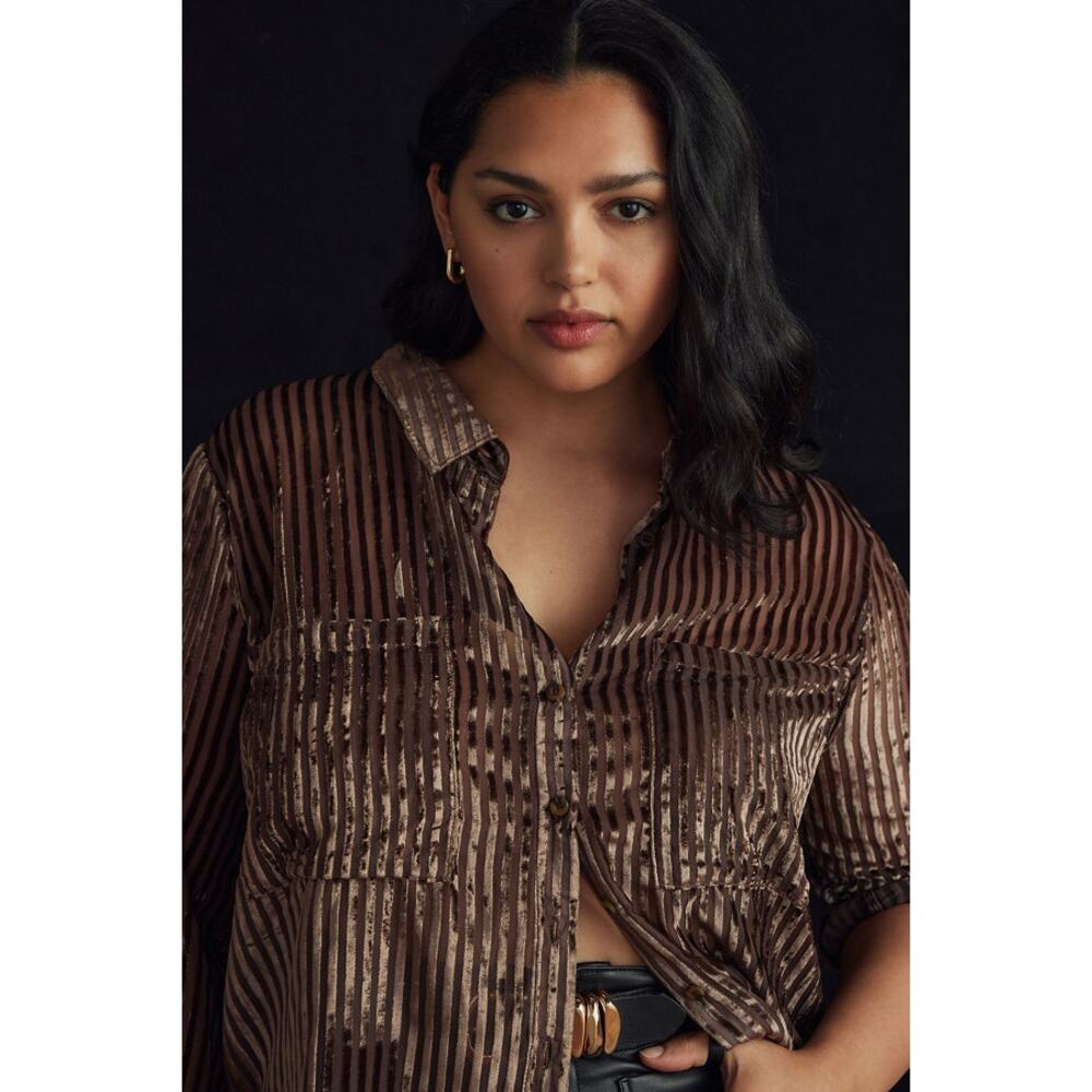 Pilcro Anthropologie Sheer Velvet Burnout Blouse Small Brown Button Up Shirt - Picture 5 of 13